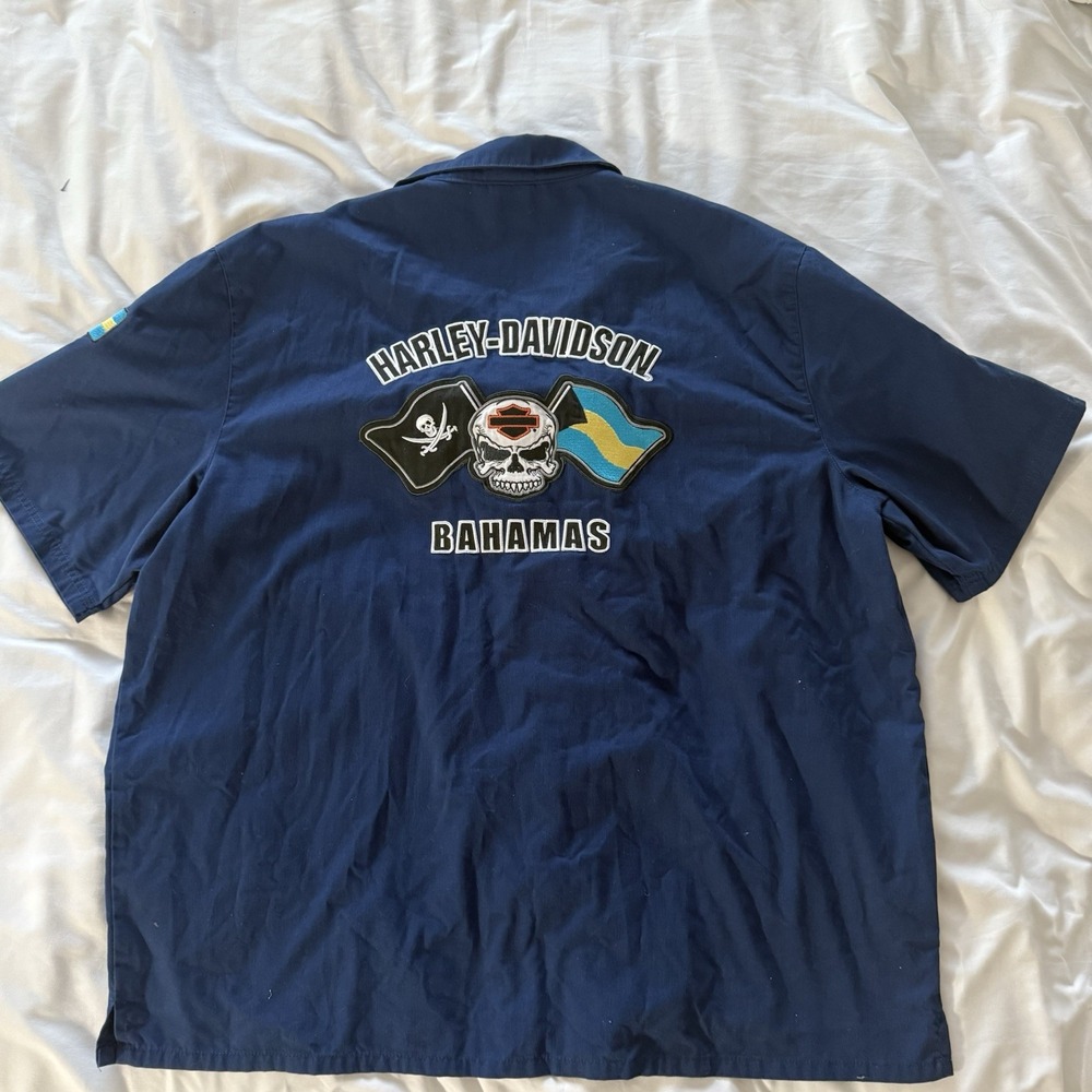 Harley Davidson Button Down Shirt‎ Bahamas Skull Biker Embroidered Men's 3X Navy